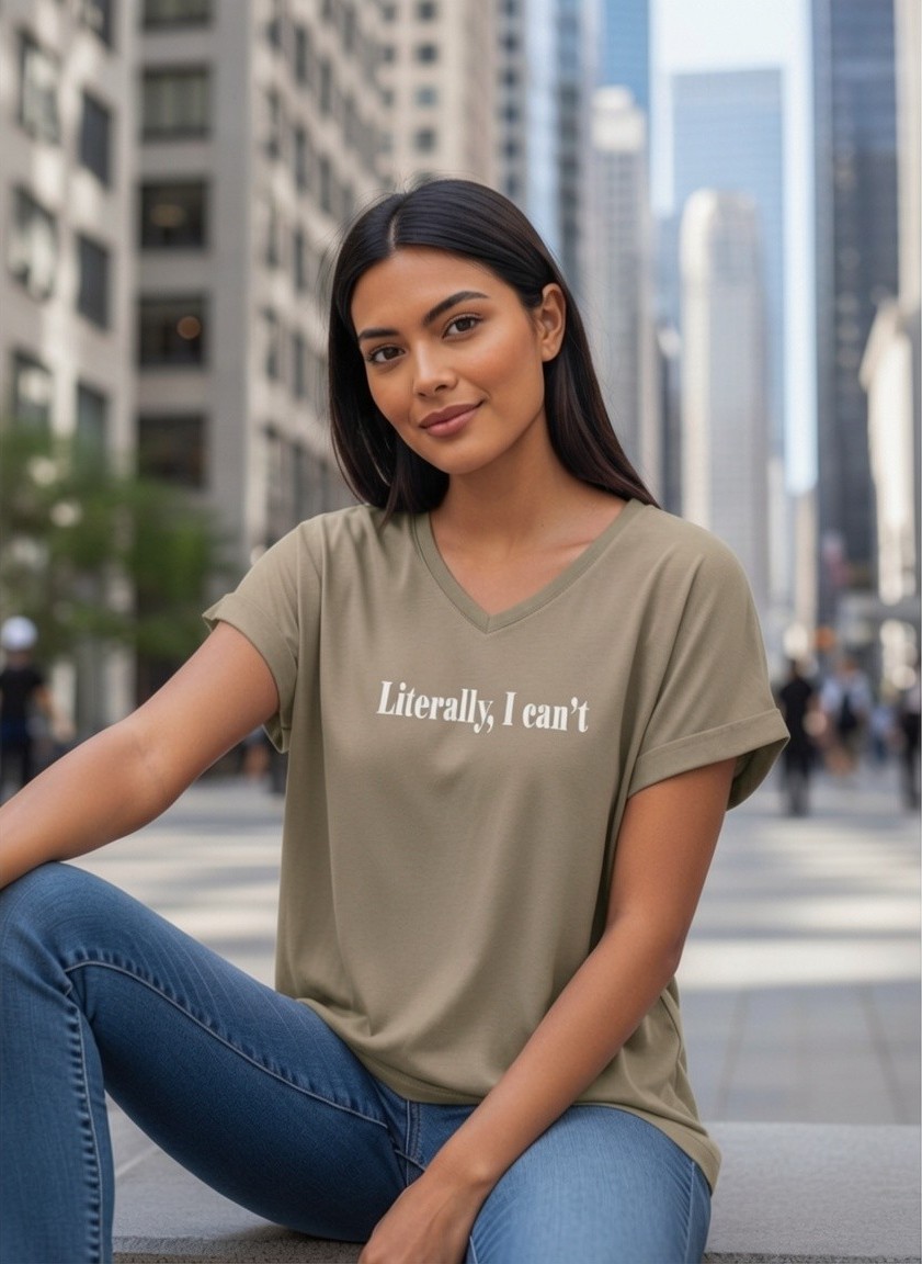 Oversize T-shirt 100% cotton με V Literally I cant