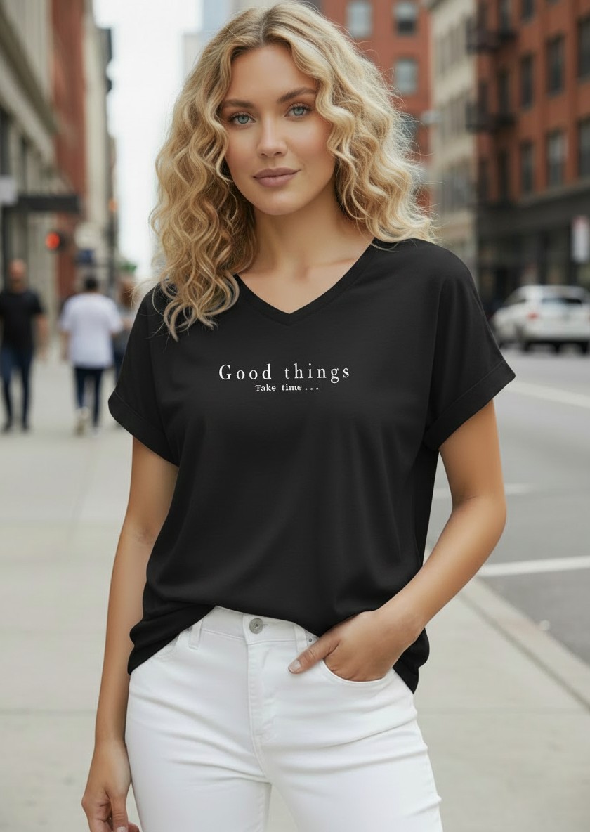 Oversize T-shirt 100% cotton με V Good things take time