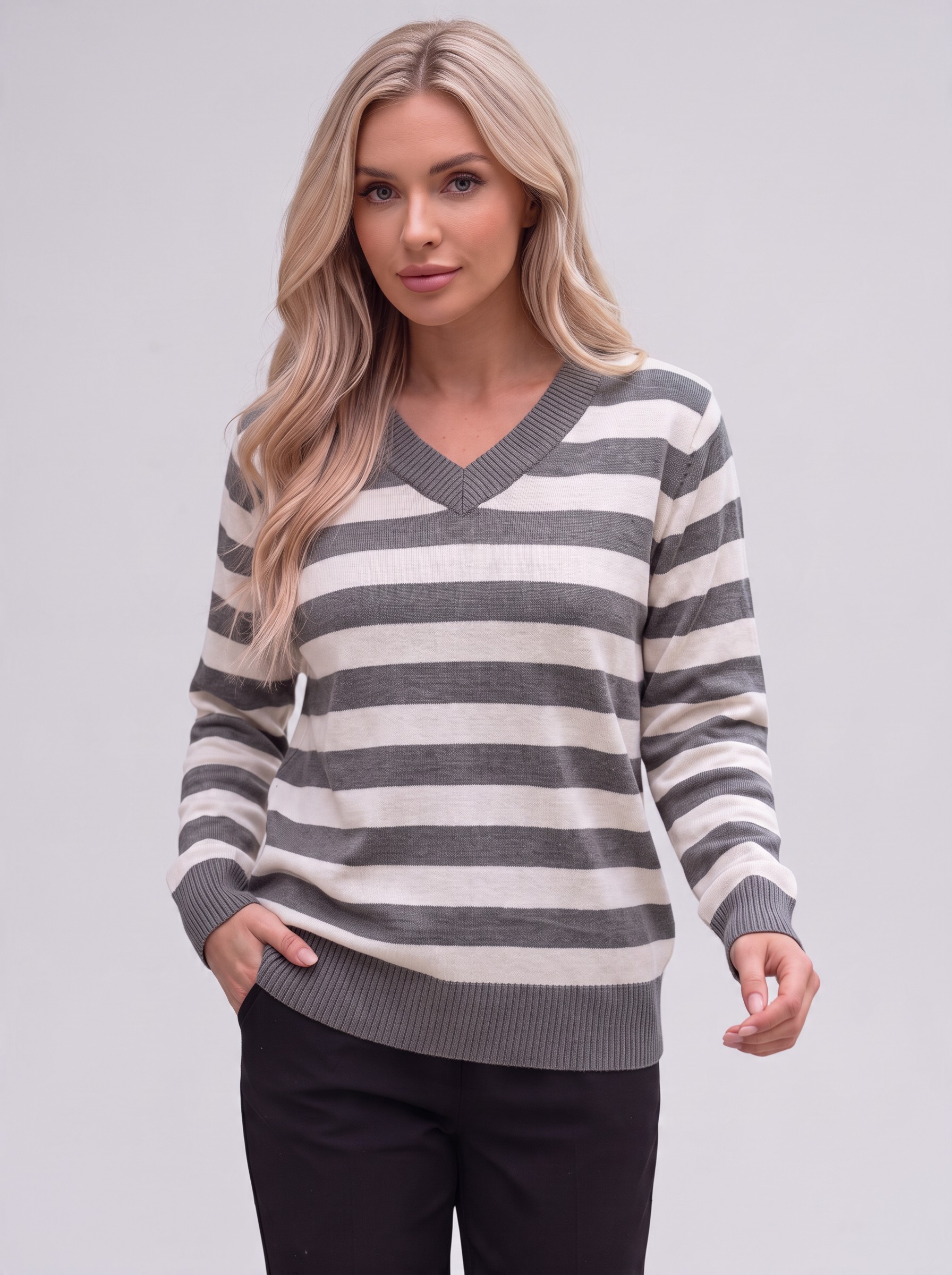 Casual Ριγέ Μπλούζα Πλεκτή V-Neck - Image 2
