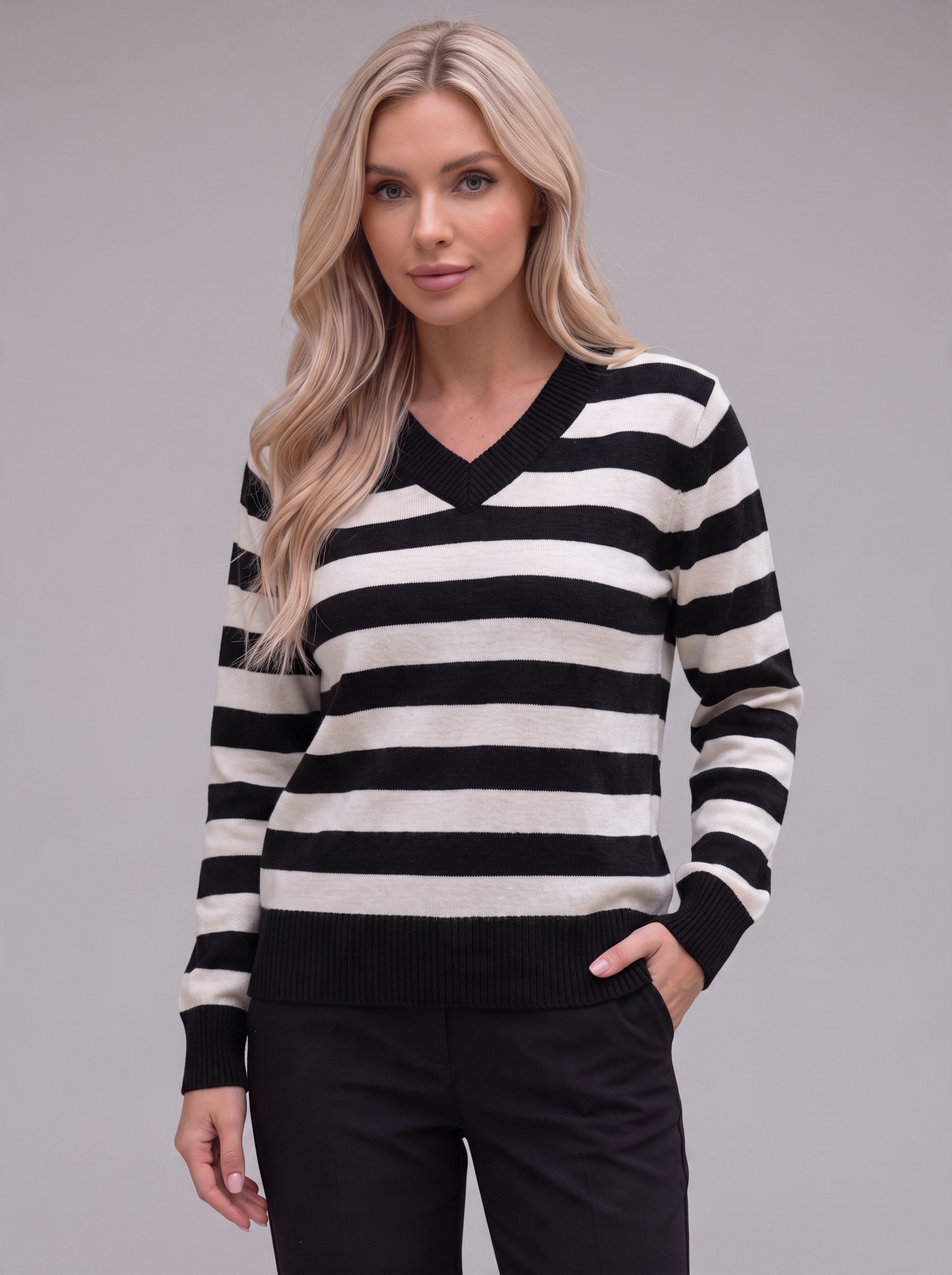 Casual Ριγέ Μπλούζα Πλεκτή V-Neck - Image 5