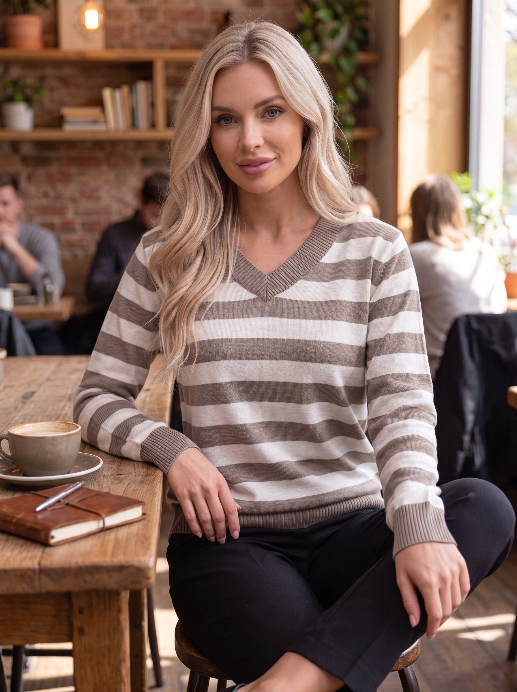 Casual Ριγέ Μπλούζα Πλεκτή V-Neck - Image 4